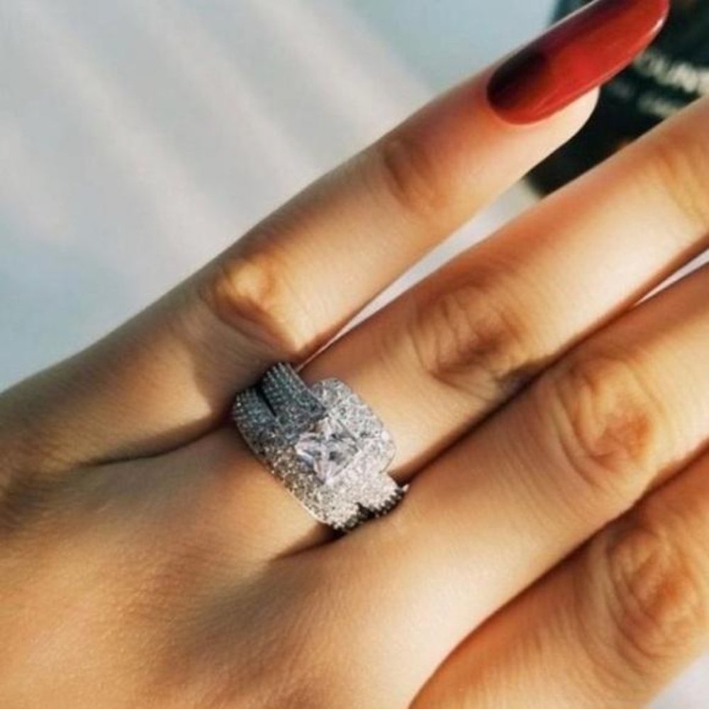 NEW 925 STERLING SILVER PRINCESS HALO RING SET, CUTE RING, SHINY RING. - Picture 6 of 8